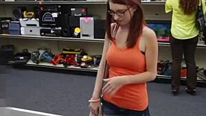 Busty nerd gets fucked for student loan in a shop blowjob scene.