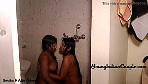 Sarika and Alia Advani have lesbian sex in the shower, leading to intense orgasms.