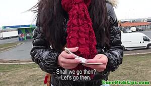 Euro girl next door strips naked for quick cash in public.