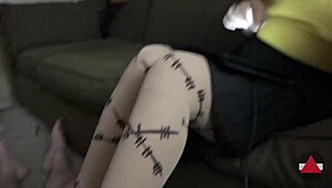 she gives a pre-cum footjob in pantyhose