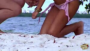 Naughty beach foursome with brunettes leads to anal and double penetration