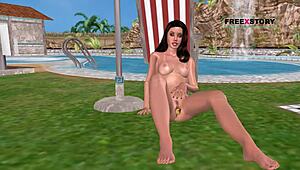 i see this cute girl by the swimming pool in 3d hentai masturbating with a banana