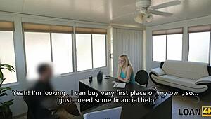 blonde cutie can't pay rent, so she fucks at the bank for a loan.
