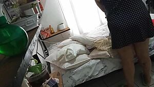 Chubby Mexican milf cleaning her room caught on hidden cam