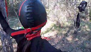 Outdoor stroll in the woods wearing sexy clothes and high heels