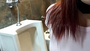 risky public fuck in mc donalds bathroom, feeling the thrill until cum in ass