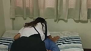 colegiala rides her profesor in cowgirl for a good grade, big ass bouncing