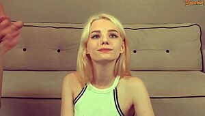 Beautiful blonde cums on her boyfriend's ass then gets a huge facial