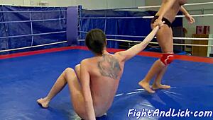 Lesbian Beauty Licks Pussy In A Boxing Ring!