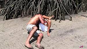 Redhead curly-haired Latina teen Marcia gets rough outdoor sex at the beach with a facial.