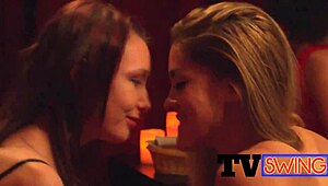 Hairless Brunette Milf Licks Shaved Pussy in Swingers Group