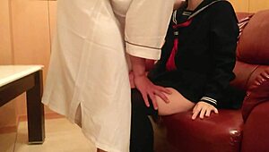 Amateur POV in sailor costume with handjob, cunnilingus, and creampie on bed