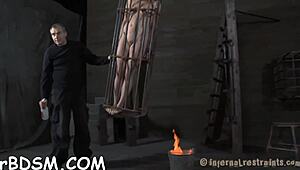 Rough sadomasochism session with whipping, blowjob, and hardcore sex on shaved pussy.