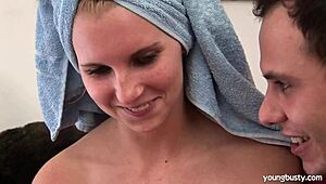 Young Elle's big tits get cummed in hardcore blowjob and fucking session.