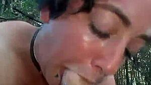 I give rough sloppy blowjob to big cock outdoors.