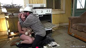 Busty trimmed blonde gangbang fucked in bizarre bdsm slave group