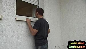 femdom milfs pegging male asshole with toys in bathroom