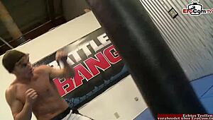 skinny ebony babe fucks hard in the boxing ring!