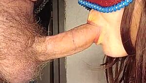 Italian redhead passionately sucks big cock with handjob. She takes cumshot eagerly