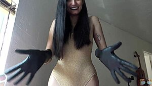 Gold leotard solo play with dildo