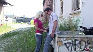 Stranger from Leipzig Station Fucks Teen 18+ Kira Outdoor in German Public Doggy Cumshot