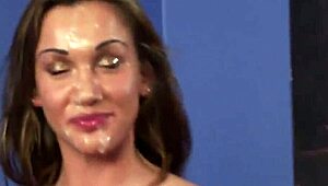 Foxy hottie sucks cum in blowbang bukkake facial cumshot swapping jizz