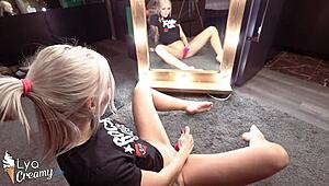 Sexy blonde masturbates her vagina with toys at mirror for intensive orgasm!