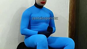 Zentai injection medical fetish in spandex hood and mask.