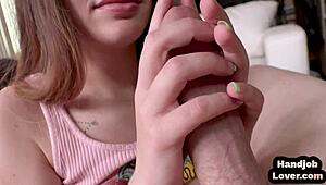 Teen wanks POV cock while talking dirty with medium boobs.