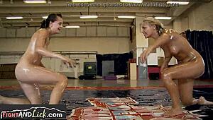 i can't believe these oiled up wrestling babes are into lesbian fingering close-up fun