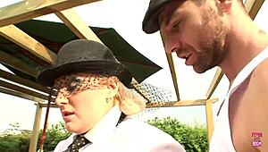 chunky blonde babe drilled outdoors by two hung studs