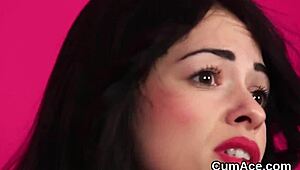 Hot model receives facial cumshot in pov blowbang, swallowing jism