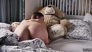 Young student enjoys early morning intimacy with teddy bear
