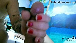 Chubby woman gives close-up handjob massage as a horny gift