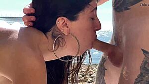 Vacation sex with Katty West on the sea, oily body and orgasm