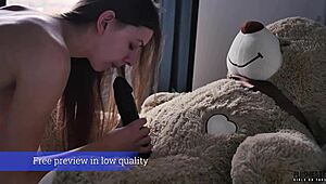 Young student enjoys early morning intimacy with teddy bear
