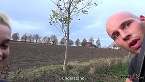 She offers her pussy for a ride home, and he gives her a huge cumshot in return.