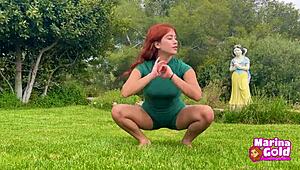 Outdoor Yoga Stretching in Tight Dress