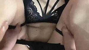 amateur latina teen in lingerie gets shaved pussy covered in cumshot by brunette