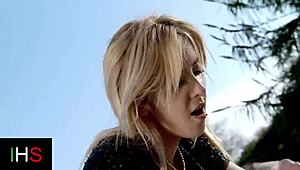 Sexy blonde fucks outdoors with lustful male!