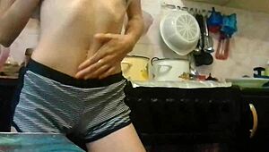 i masturbate in the kitchen while parents watch tv, skinny brunette orgasms