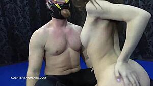 Nata Ocean strips naked and rubs her tight pussy on the wrestler.