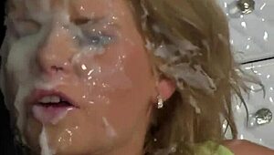 Glamorous european whore in messy bukkake facial