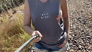 wife dares to flash big tits in public with ripped shirt