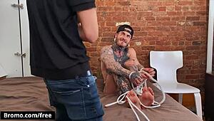 Fly Tatem in bondage offers big cock for blowjob 😈