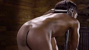 slim ebony endures intense whipping while bound in strict device bondage.