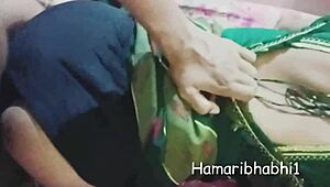 Big ass bhabhi banged in hot green saree with shaved pussy creampie.