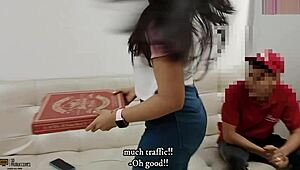 Latina Brunette Role Plays Pizza Guy Cumshot