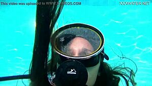 Nora Shmandora performs underwater self-sex with a purple dildo in the pool, naked and using toys.