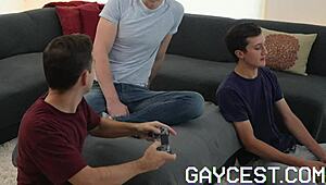 Three twinks face a rough gangbang with two big-cocked DILFs